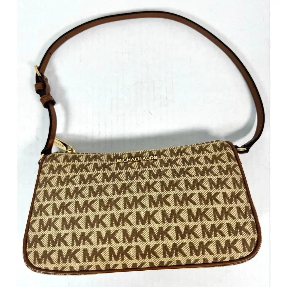 Michael Kors MK Logo Jacquard Shoulder Bag Brown Beige Gold Tone Hardware